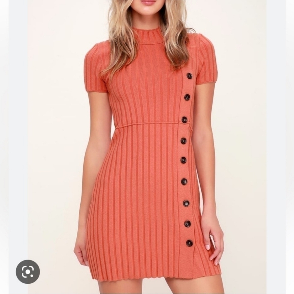 Free people -Lottie Coral Pink Ribbed Button-Front Mock Neck Sweater Dress Sz L